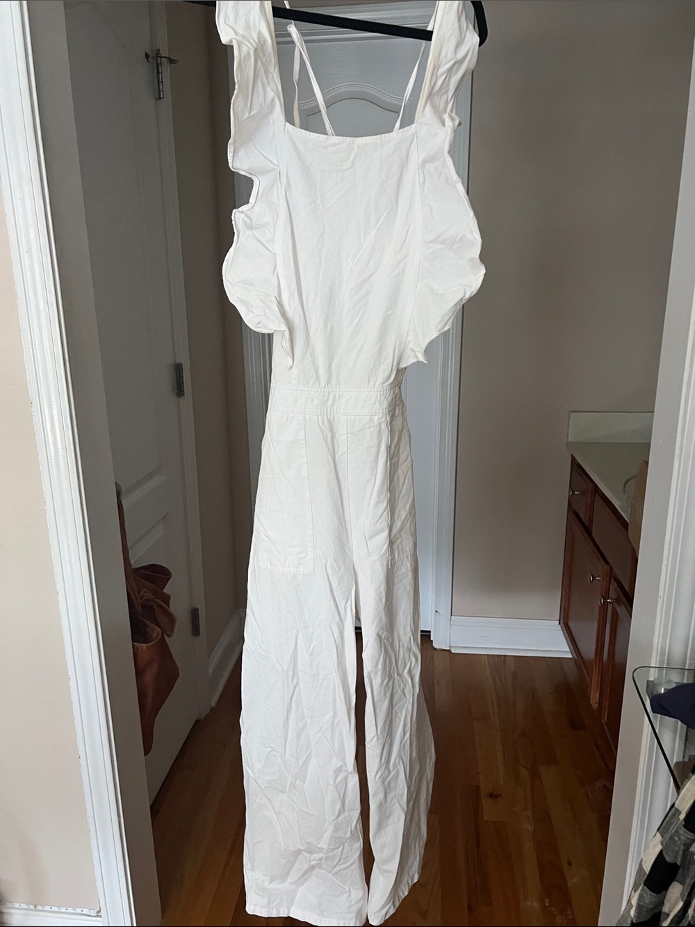 Women’s White Ruffle-Strap Jumpsuit
